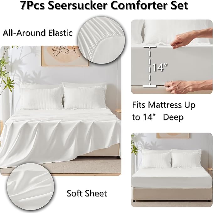 CozyLux Full Size Comforter Sets White, 7 Pieces Seersucker Textured Luxury Bed in a Bag, All Seasons Soft Bedding Sets with Down Alternative Comforter, Sheets, Pillowcases & Shams, Home Gift