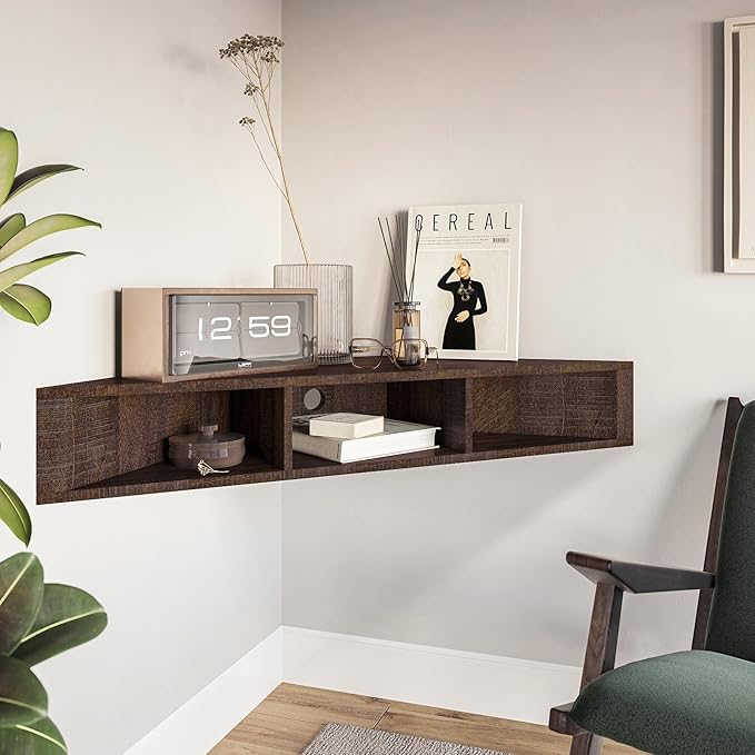 BELLEZE Modern Floating Wall Mounted Corner Shelf, 47" TV Console with Three Shelves and A Cable Cutout, Space Saving Decorative Media Corner Storage - Russel (Espresso)