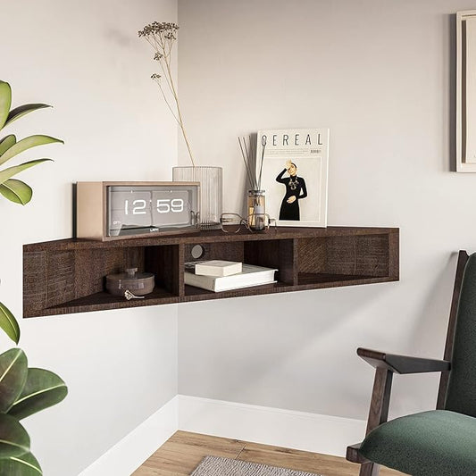 BELLEZE Modern Floating Wall Mounted Corner Shelf, 47" TV Console with Three Shelves and A Cable Cutout, Space Saving Decorative Media Corner Storage - Russel (Espresso)