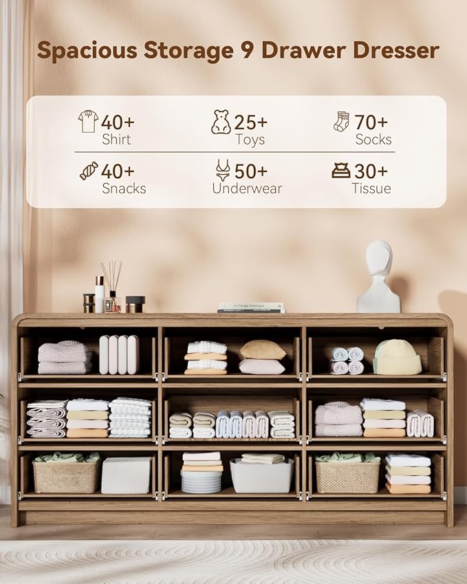 Fluted 9 Drawer Dresser for Bedroom, 57" Wide Chest of Drawers, Curved Profile Design, Wooden Dresser TV Stand for Living Room, Hallway, Walnut