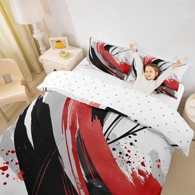 Erosebridal Black and Red Bedding Set Queen | Modern Geometric Striped Duvet Cover for Boys Girls Contemporary Watercolor Graffiti Bed Set Boho Minimalist Aesthetic Art Bed Cover 3 Pieces