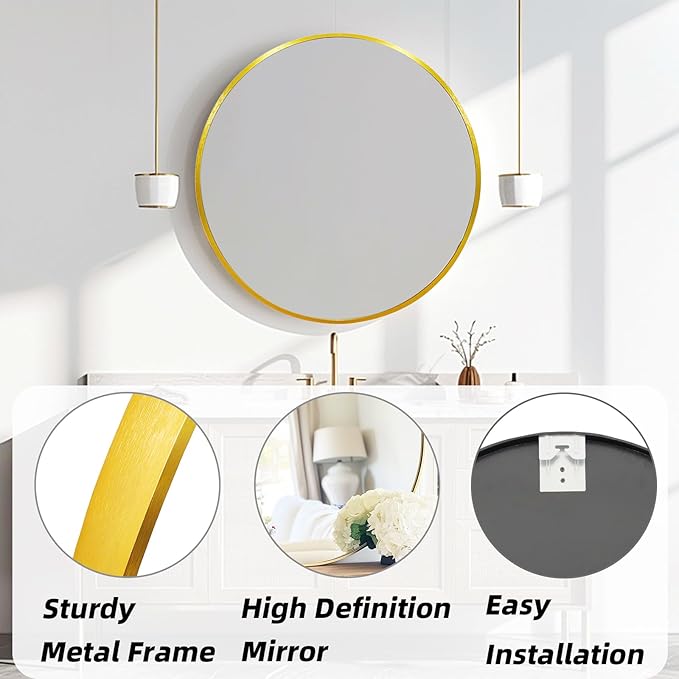 Gold Round Mirror 18 inch, Gold Circle Mirror, Round Wall Mirrors for Bathroom, Living Room, Hallway, Vanity, Over Sink, Mantel