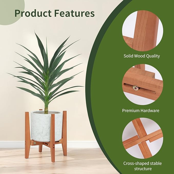 Wooden Adjustable Plant Stand, Mid Century Modern Metal Plant Holder for Indoor & Outdoor, Fits 8 to 15 Inch Planters, Heavy Duty Flower Pot Stand for Living Room, Corner, Patio (Brown,Pot & Plant Not Included)