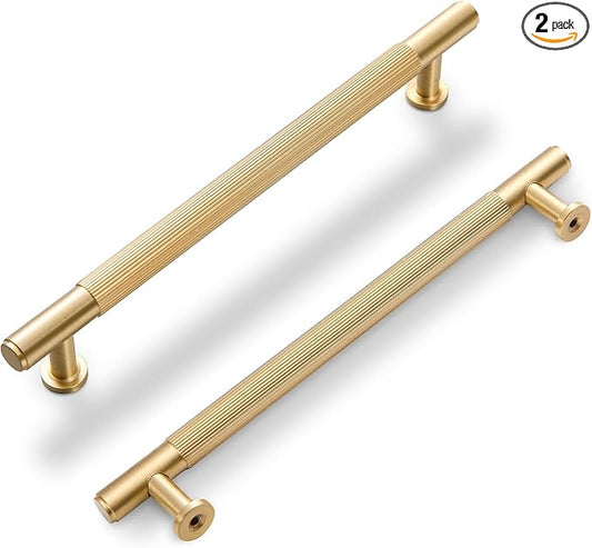 SALISENG-2 Pack Gold Kitchen Cabinet Handles, Brushed Brass Pulls for Dresser Drawer Cupboard Closet, 6.3 Inches Bedroom Bathroom Cabinet Door Pulls Kitchen Hardware