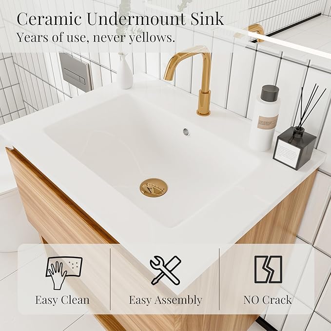 24 Inch Floating Bathroom Vanity with Sink, Modern Wall Mounted Bath Cabinet with Ceramic Top, Soft-Close Drawer & Open Shelf (Red Walnut/White Sink)