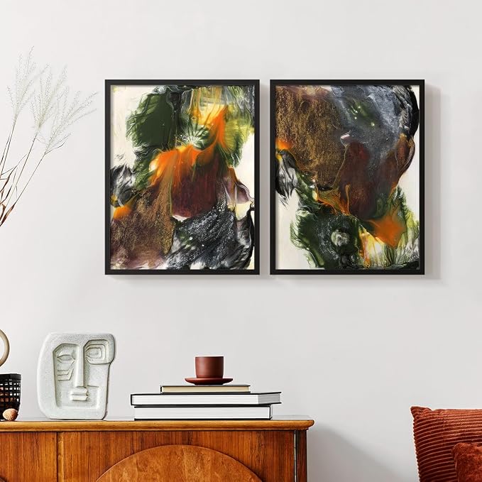 Renditions Gallery Set of 2 Peel & Stick Framed Prints, Watercolor Abstract Wall Art, Colorful Fluid Design Wall Decor, Re-Stickable - Ready to Hang - 8"x10" - Black Frame LT588