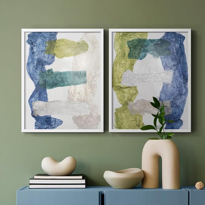 Renditions Gallery Set of 2 Peel & Stick Framed Prints, Elegant Abstract Wall Art, Dyed Cloth Texture Wall Decor, Re-Stickable - Ready to Hang - 22"x28" - White Frame LT588