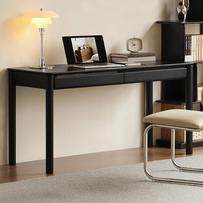 Solid Oak Wood Writing Desk, Smoky Black Home Office Desk with 2 Drawers, Ideal for Work Study Bedroom 55.11" W