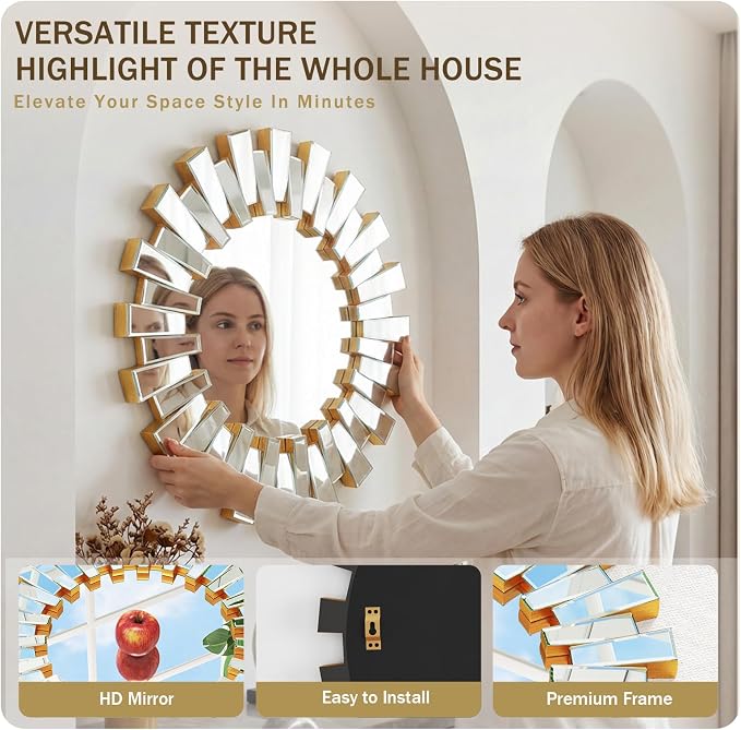 Gold Sunburst Mirror for Wall Decor, 26" Starburst Mirror with Beveled Glass Frame, Modern Accent for Living Room, Hallway, Bedroom,Entryway