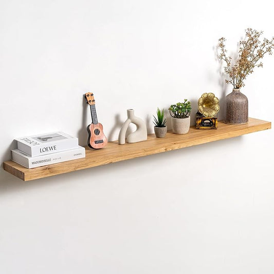 Fun Memories Solid Elm Wood Floating Shelves Set of 1-55 Inch Rustic Wall Shelves with Heavy-Duty Invisible Brackets - for Living Room, Kitchen, Bedroom, Bathroom - Natural Finish