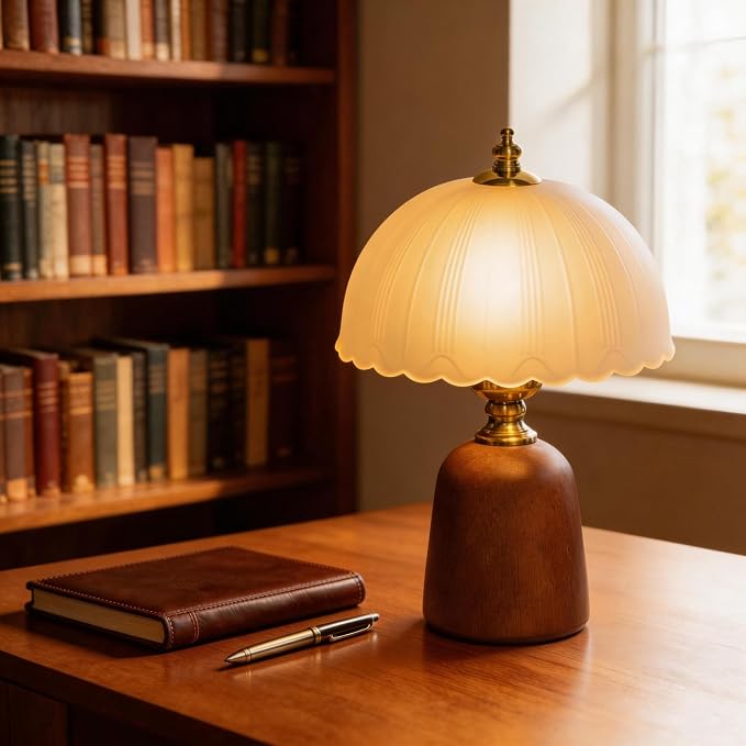 13“ Mid-Century Decorative Wooden Small Table Lamp, Frosted Scalloped Glass Shade, Solid Wood Base, Vintage Bedside Table Lamp for Bedroom Living Room, E26 Bulb Included