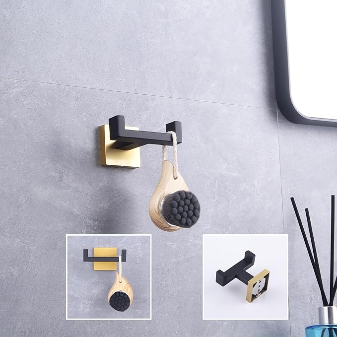 GERZWY Stainless Steel Coat/Robe Clothes Hook for Bath Kitchen Modern Hotel Style, Bathroom Double Towel Hook Wall Mounted (Black & Gold) AG1407B-BD