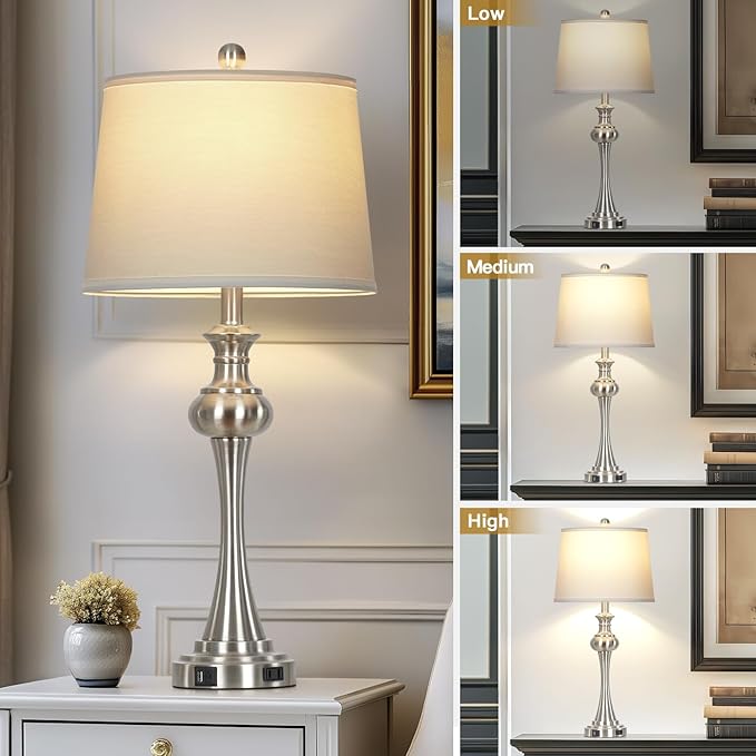 28.75" Silver Table Lamps for Living Room,Touch Lamps for Bedrooms Set of 2 - Nightstand Table Lamp with USB C+A, 3 Way Dimmable Bedside Lamps End Tables Brushed Nickel