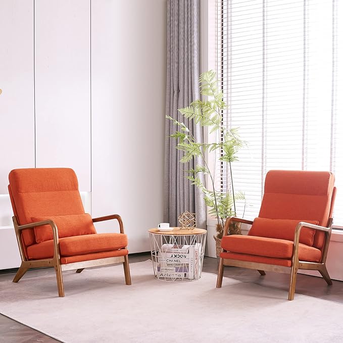 Bonnlo High Back Burnt Orange Accent Chairs Set of 2, Upholstered Mid Century Modern Lounge Chairs Reading Chairs Side Sitting Chair Solid Wood Farmhouse Armchairs for Living Room, Bedroom, Guest Room