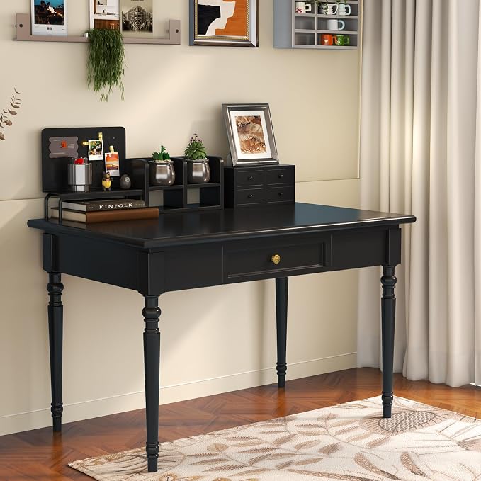 Solid Wood French Country Desk,Writing Desk with Storage Drawers,Farmhouse Computer Table Makeup Table Modern Simple Style,for Home Office Living Room Study Workspace Bedroom (Black, 31.5IN)