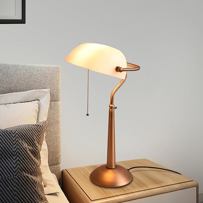 COSYLUX Tall Bankers Lamp, Vintage Sleek Glass Shade Table Lamp with Pull Switch, Antique Bronze Metal Bankers Desk Lamp for Office, Study Room, End Table, Bedside (White)