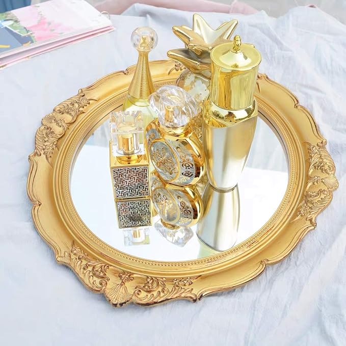 Vintage Carved Decorative Wall Mirror, Hanging Mirror for Dresser Decor Bedroom Living-Room, Cosmetics Jewelry Dresser Organizer Tray (15”x 13.4”) (Golden-Oval)