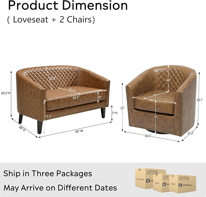 KINWELL 50" Faux Leather Loveseat Sofa with 2 Swivel Barrel Chairs, Coffee | couch chair set