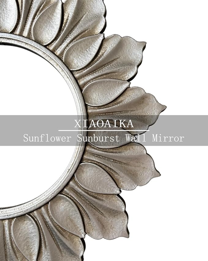 Sunflower Sunburst Wall Mirror, 22" Distressed Silver Wooden Frame, Handcrafted Petal Floral Design, Vintage Farmhouse Style Mirror for Wall Decor for Living Room, Bedroom, Bathroom, Vanity