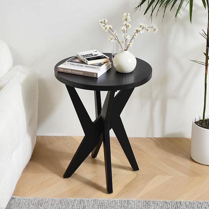 Modern Black Round End Table, Mid-Century Accent Side Table with MDF Top and Crossed Legs for Living Room, Bedroom, Small Spaces, Industrial & Minimalist Style