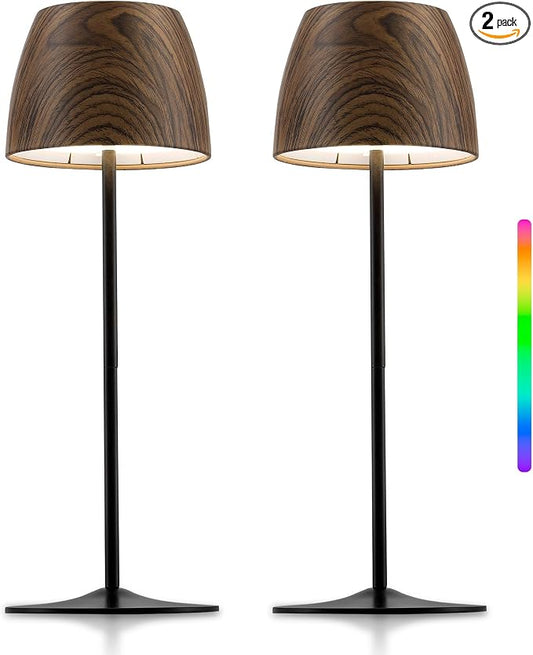 ELYONA 2 Pack Cordless Table Lamp, LED Walnut Wooden Desk Lamps RGB & 3 Color Stepless Dimming Waterproof Rechargeable 4000mAh Battery Operated for Restaurant Bedroom Outdoor Office Night Light Black