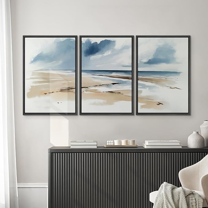 SIGNWIN Framed Canvas Print Wall Art Set Coastal Beach Horizon Blue and Tan Seascape Illustrations Modern Art Decorative Boho Relax/Zen Nordic for Living Room, Bedroom, Office - 16"x24"x3 Black