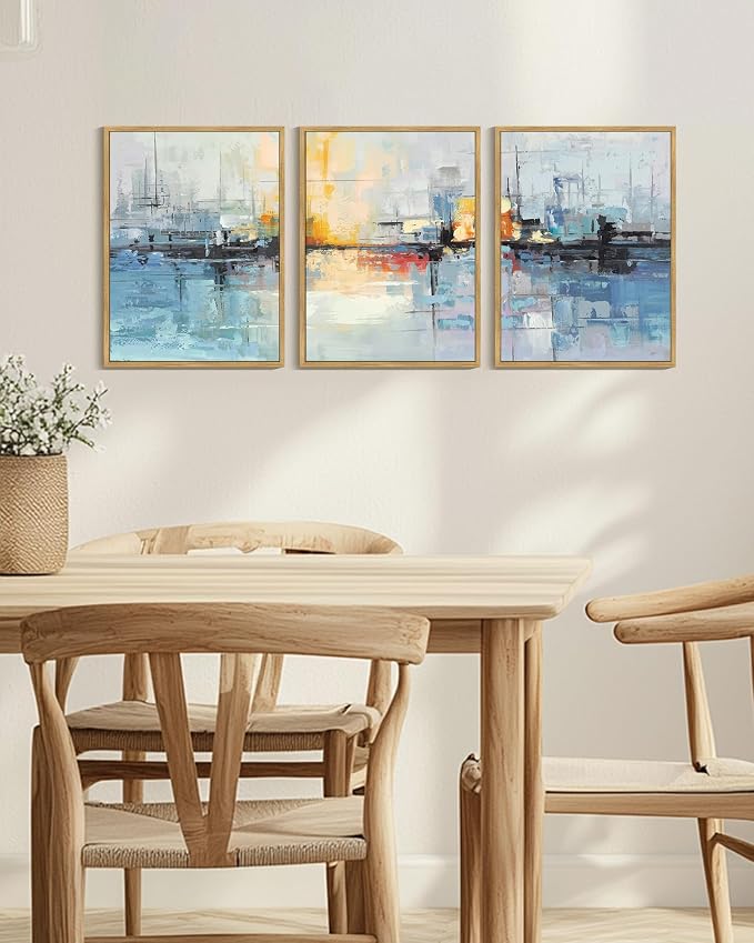KUVIOKE Navy Blue Abstract Landscape Framed Canvas Wall Art Graffiti Shape Pastel Wall Decor Modern Minimalist Art Painting for Bedroom Dining Room 12x16in (Natural Framed)