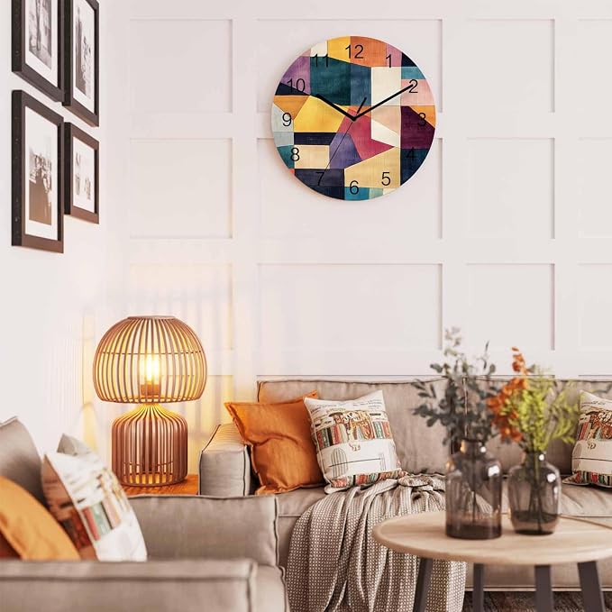 Impressionist Style Wall Clock Battery Operated Non-Ticking 10" Round Wood Clocks, Modern Colored Color Block Kitchen Wall Clock for School Bathroom Living Room Home Office Wall Decor