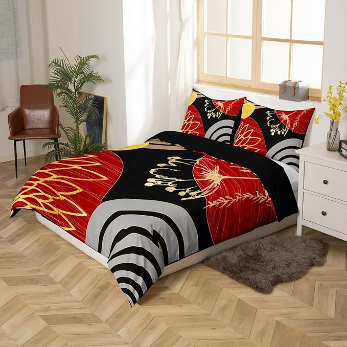 Erosebridal Red and Black Modern Duvet Cover Full Size for Minimalist | Abstract Mid Century Comforter Cover Bohemian Leaf Floral Botanical Bedding Set Aesthetic Modern Geometric Bed Set
