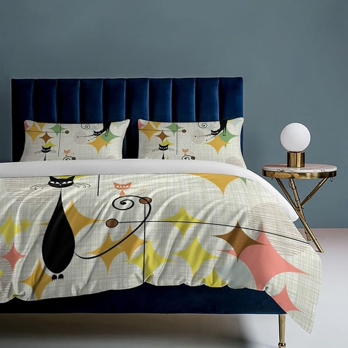 Mid Century Duvet Cover Sets Vintage Black Cat Modern Style Printed Lightweight Soft Quilt Cover Abstract Geometric Minimalist Soft Microfiber 3 Piece (1 Duvet Cover 79x90in + 2 Pillow Sham 20x30in)
