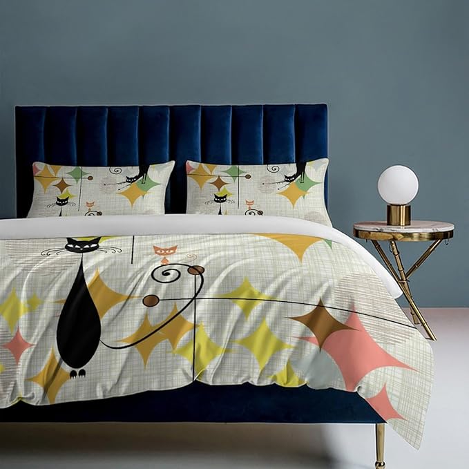 Mid Century Duvet Cover Sets Vintage Black Cat Modern Style Printed Lightweight Soft Quilt Cover Abstract Geometric Minimalist Soft Microfiber 3 Piece (1 Duvet Cover 68x86in + 2 Pillow Sham 20x30in)