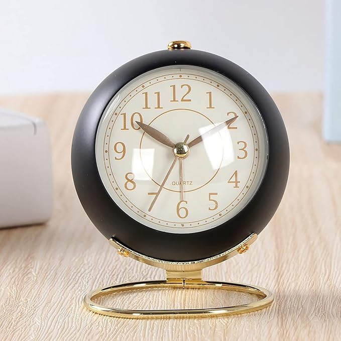 SHISEDECO Small Tableclocks Classic Non-Ticking Tabletop Alarm Clock with Backlight, Battery Operated Astronaut Deskclock with HD Glass for Living Room Bedroom Bedside Indoor Decor (Black Gold)