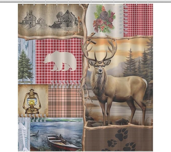 Retro Bear Rustic Shower Curtain, Farmhouse Country Antique Moose Bear Forest Vintage Wood Hunting Camping Waterproof Shower Curtains for Bathroom Decor 12 Pack Hooks 66x72in（168x183cm）