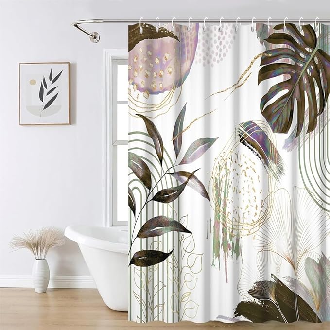 Mid Century Boho Shower Curtain Dark Brown and Purple Palm Leaf Abstract Minimalist Aesthetic Bathroom Decor Watercolor Plant Bathtub Curtain Washable Waterproof Polyester Fabric with Hooks 69x70 Inch