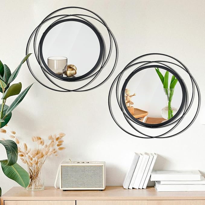 2 Set Circle Mirrors for Wall Decor for Living Room Bedroom Bathroom Entryway Metal Round Mirror Decorative Hanging Mirrors Sun Bohemian Geometric Accent Sculpture -Black 13 in