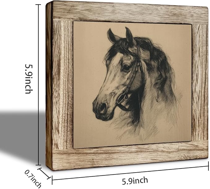 Vintage Horse Wooden Desktop Sign, Equestrian Animal Wood Plaque Tabletop Decor, Rustic Farmhouse Horse Line Art Wooden Sign for Home Office Shelf