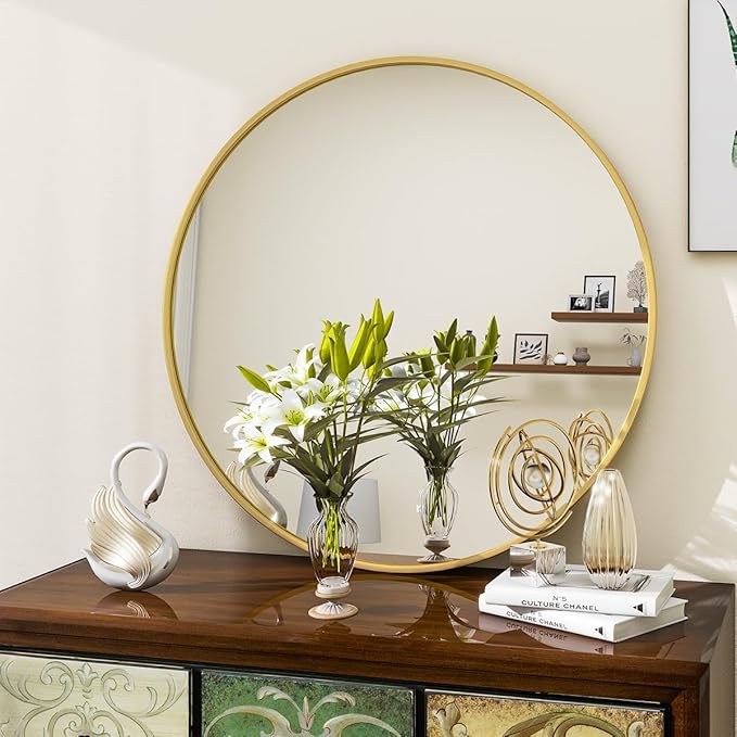 VooBang Gold Round Mirror - 16" Circle Wall Mirror with Simple Metal Frame, Modern for Bathroom, Bedroom, Entryway