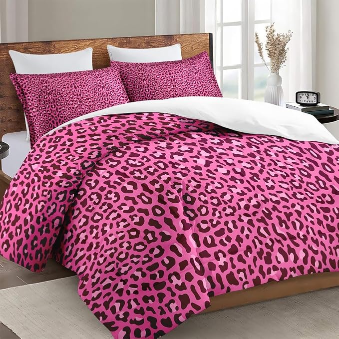 Comforter Set with 2 Pillowcases Queen Size, Pink Leopard Cheetah Print, Bed Decor Wildlife Animal Skin for Kids and Adults, Soft Cozy Bedroom Bedding Set