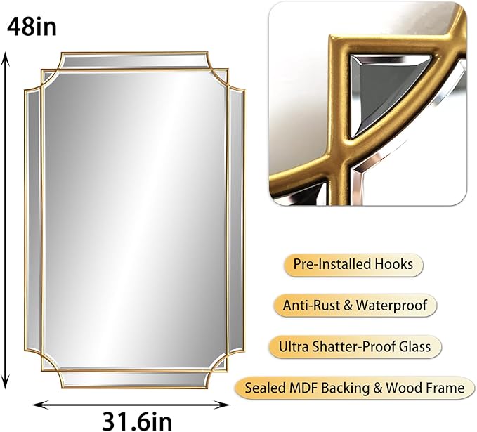 Gold Mirror for Wall, 48" x32" Wooden Framed, Polished Bevelled Rectangle Mirror, Modern Decorative Mirrors for Wall Decor, Irregular Mirror for Living Room, Bathroom, Entryway, Bedroom