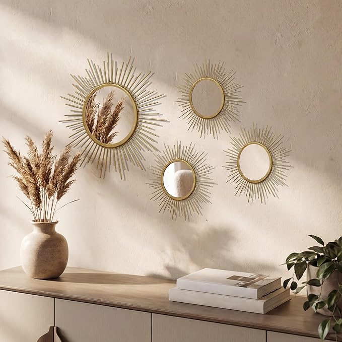 4 Set Metal Sunburst Mirrors for Wall Decor Living Room Bedroom Bathroom Dining Room Boho Gold Decorative Hanging Circle Vintage Art - Gold/Black/Silver 11.8 in/7.8 in
