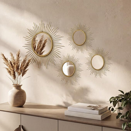 4 Set Metal Sunburst Mirrors for Wall Decor Living Room Bedroom Bathroom Dining Room Boho Gold Decorative Hanging Circle Vintage Art - Gold/Black/Silver 11.8 in/7.8 in