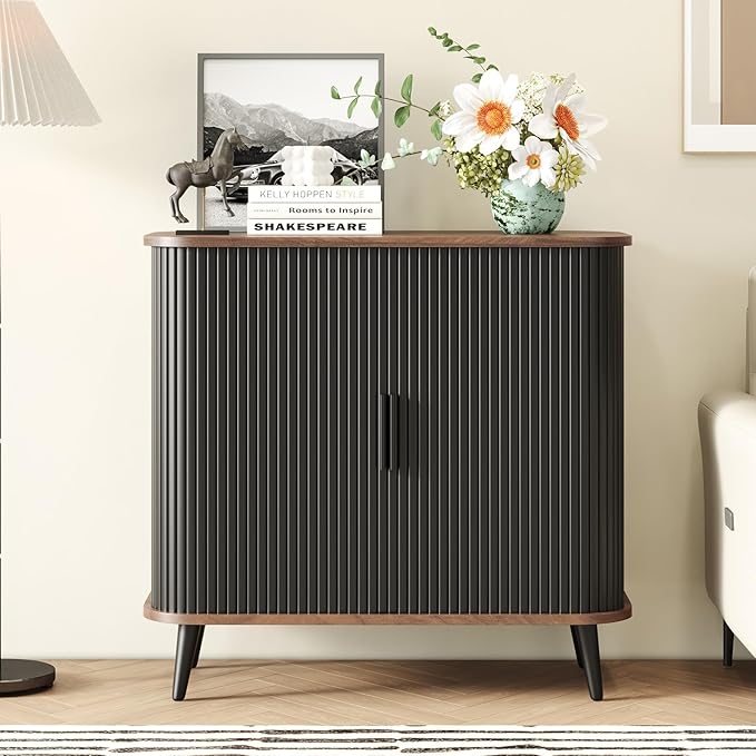 Accent Cabinet with Sliding Doors - Black Sideboard Buffet Cabinet with Storage for Coffee Bar, Console Table - MCM Design Bar Cabinets for Modern Home Décor Set 3