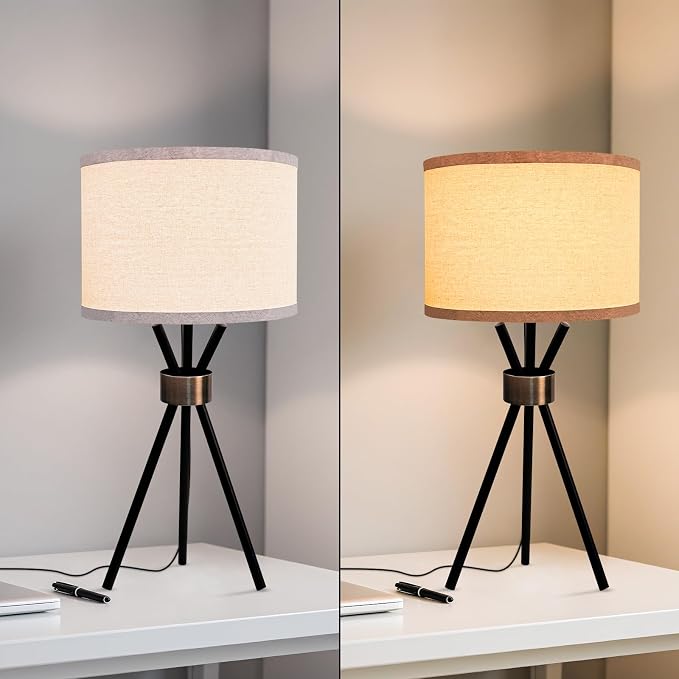 Tripod Table Lamp, Metal Body with Linen Drum Shade, Tall Table Lamp for Bedroom with E26 Socket, Ideal for Living Room, Nightstand, Home Office, Dorm (Bulb Not Included)