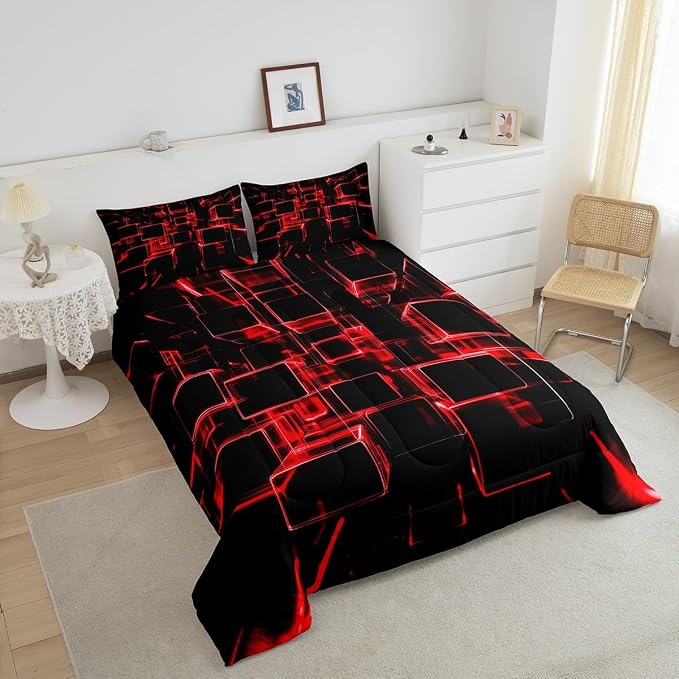 Erosebridal Fire Red and Black Kids Comforter Set Twin, Modern Geometric Square Bedding for Boys Girls Gradient Neon Light Honeycomb Duvet Set Soft Microfiber Quilt with 1 Pillowcase