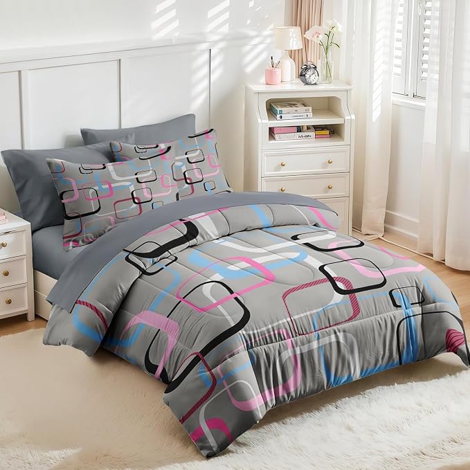 Nesker 7 Pcs Comforter Set Full Size, Geometric Retro Square Bedding Set for Kids and Adults, Grey Colorful Bed Sheet Sets with Fitted Sheet 2 Pillowcases & 2 Shams