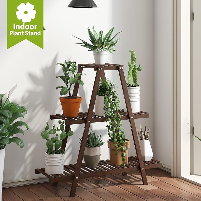 BMOSU Plant Stand Bamboo for Indoor Outdoor Tiered Plant Shelf 8 Potted Flower Holder Ladder Rack Garden Balcony Living Room Patio(3 Tier Brown)