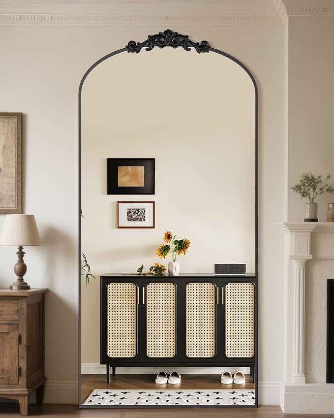 Antok Arched Full Length Mirror, 78"x38" Floor Mirror with Carved, Full Body Mirrors for HomeDecor, Standing/Halling Large Wall Mirror for Bedroom, Living Room, Cloakroom, Black, Retro Style
