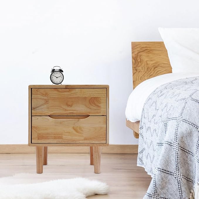 Nightstand Bedside Table with 2 Storage Drawers, Mid Century Modern Grooved Handle Wood Nightstand Side Table Bedroom Storage Drawer Bedside End Table
