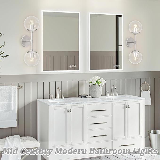 KoKo&Yukina Nickel 2 Light Vanity Light Fixtures Mid Century Modern Bathroom Vanity Light Globe Sconce with Clear Glass for Bathroom Bedroom