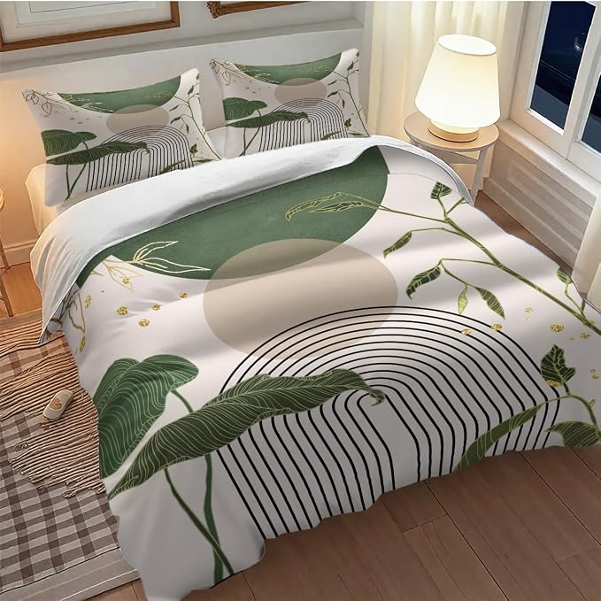 Boho Sage Green Comforter Set,Mid Century Tropical Plant Palm Leaves Abstract Minimalist Geometic Modern Bedding Set with Pillowcase for Bedroom Bed Decor,Queen 90"x90"